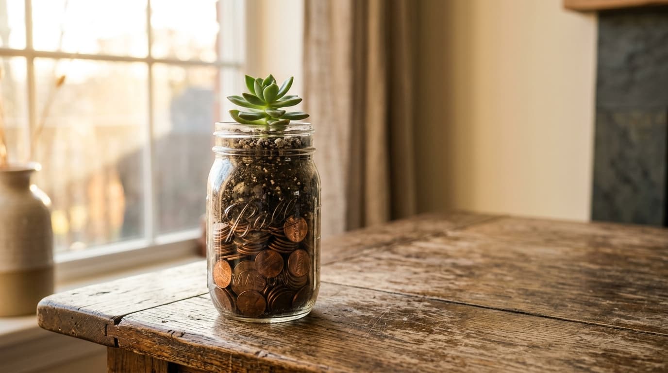 A warm, softly-lit composition of a glass jar of coins alongside a budding plant — a quiet metaphor for compound growth.